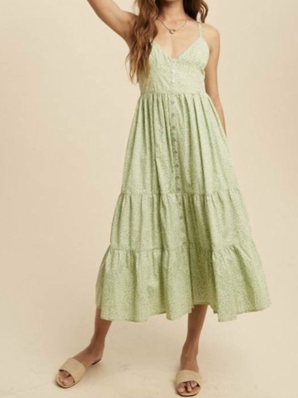 In Loom 100% Cotton Light Green Maxi with Button Detail And Tie Back Size L